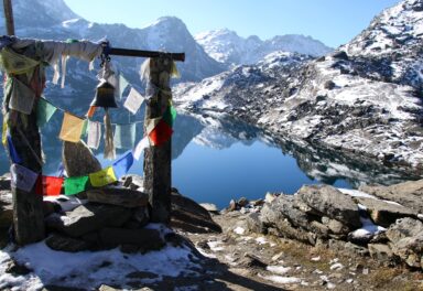 Alt text for an image related to the Everest Gokyo Lake trek could be: "Aerial view of serene Gokyo Lakes nestled among the Himalayan mountains, Nepal."