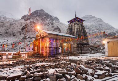 Kedarnath Temple at night, it is a hindu temple dedicated to Shiva, India.