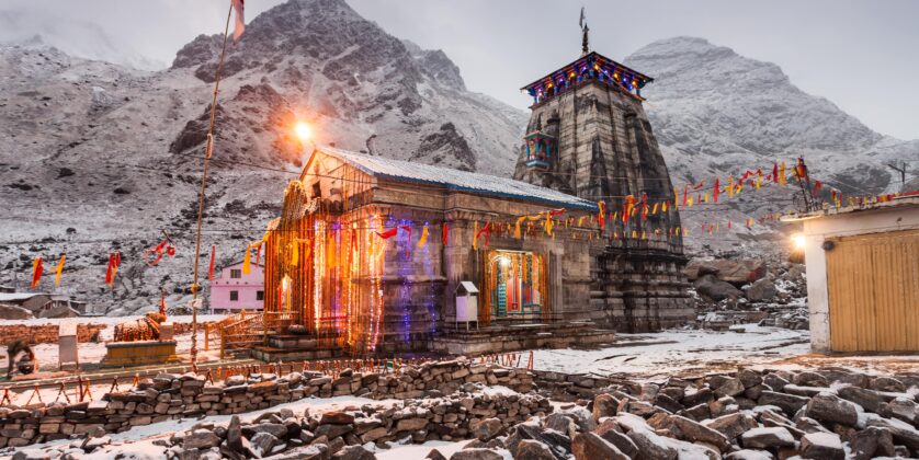 Kedarnath Temple at night, it is a hindu temple dedicated to Shiva, India.