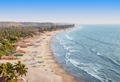 Beauty Arambol beach aerial view landscape, Goa state in India