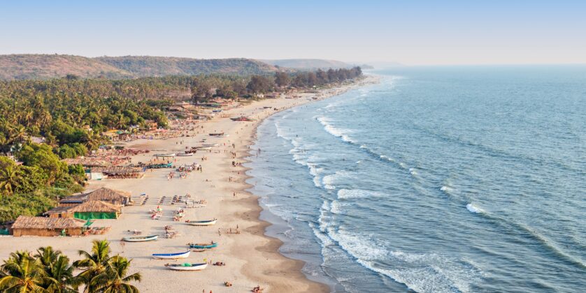 Beauty Arambol beach aerial view landscape, Goa state in India