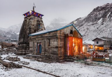 Kedarnath Temple at night, it is a hindu temple dedicated to Shiva, India.