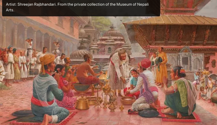 Shreejan Rajbhandari artwork: Symbolizing Kathmandu Valley's living cultural heritage and conservation beyond physical structures. Museum of Nepali Arts collection.