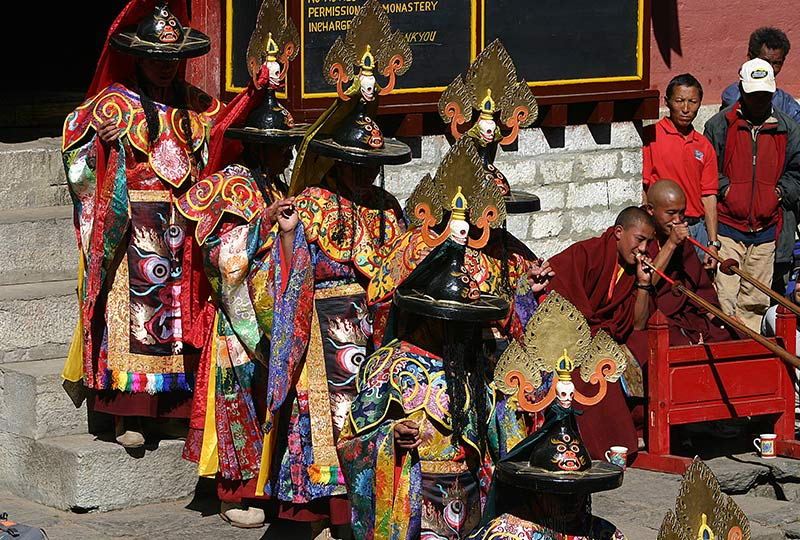 Masked dancers perform the Chham Dance during the Mani Rimdu festival at Tengboche Monastery in Nepal.