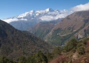 Snow-capped Himalayan peaks and forested valleys of Sagarmatha National Park as seen from Tengboche, Nepal