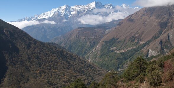 Snow-capped Himalayan peaks and forested valleys of Sagarmatha National Park as seen from Tengboche, Nepal