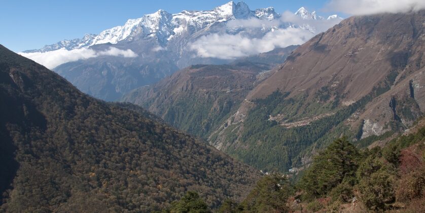 Snow-capped Himalayan peaks and forested valleys of Sagarmatha National Park as seen from Tengboche, Nepal