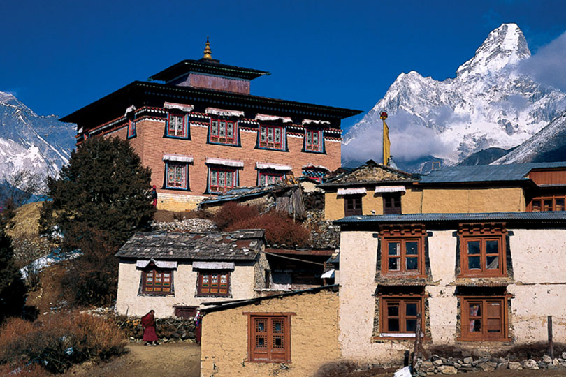 Tengboche Monastery built by Lama Gullu in Khumbu region with Himalayan peaks in the background