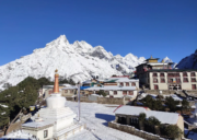 Tengboche Monastery covered in snow with panoramic Himalayan peaks in Khumbu region, Nepal
