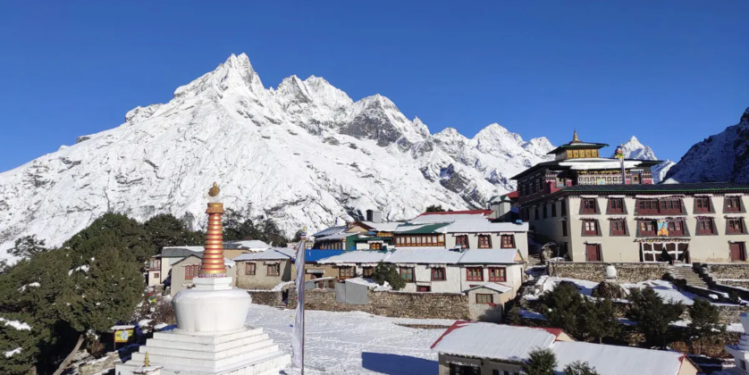Tengboche Monastery covered in snow with panoramic Himalayan peaks in Khumbu region, Nepal