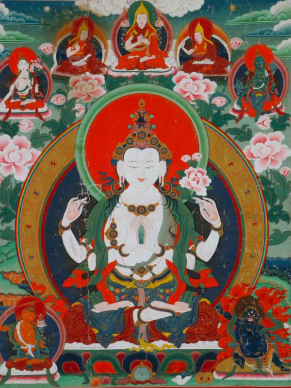 Thangka painting of the bodhisattva Avalokiteshvara seated in meditation, surrounded by lotus flowers and celestial figures, Tibet, 1800–1900. Courtesy of the Asian Art Museum.