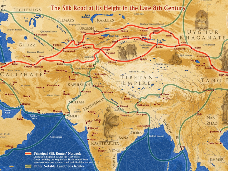 Map of the Silk Road at its peak in the late 8th century, showing major overland and maritime trade routes connecting East Asia, Central Asia, South Asia, the Middle East, and the Mediterranean, including routes passing through the Tibetan Empire.