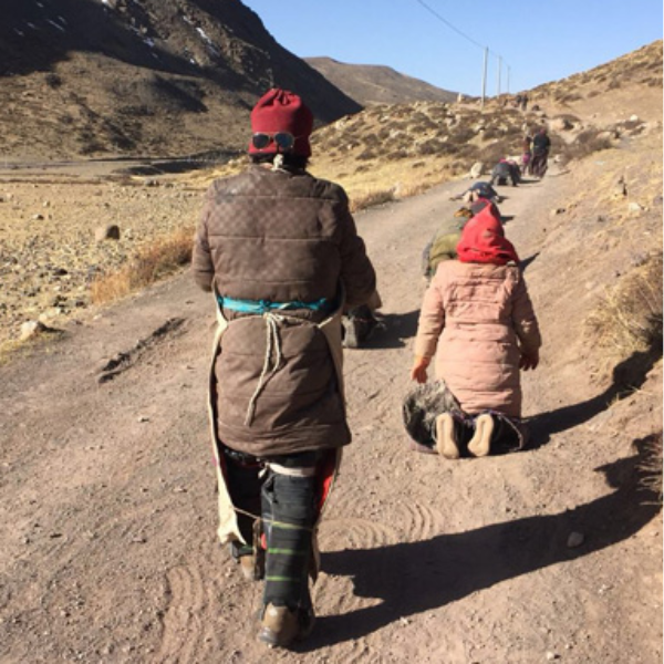 Pilgrims performing full-body prostrations along a dusty path during the Mount Kailash kora in a barren Himalayan landscape