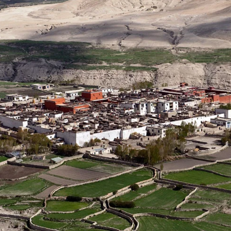 Aerial view of the ancient walled city of Lo Manthang in Upper Mustang, Nepal