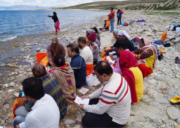 Pilgrims performing ritual prayers and offerings at the shore of Lake Mansarovar