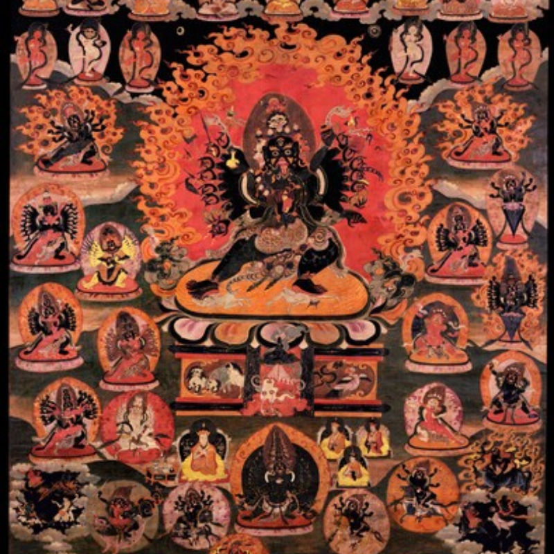 Traditional Himalayan thangka painting of Walse Ngampa, a Bon deity surrounded by sacred figures
