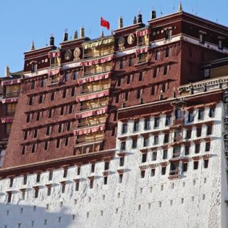 Potrang Marpo, the Red Palace above the White Palace at Potala Palace in Lhasa, Tibet, featuring traditional Tibetan architecture and ornate religious decorations.