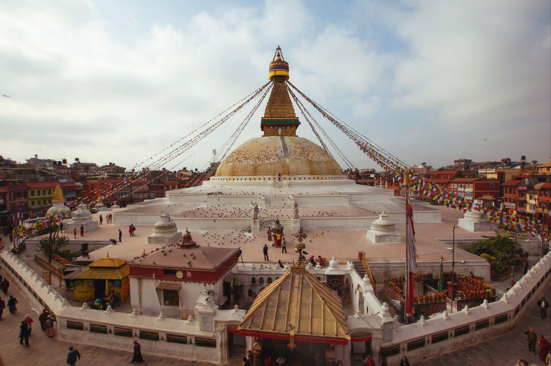 Aerial view of Boudhanath Stupa showing the mandala structure and surrounding courtyard