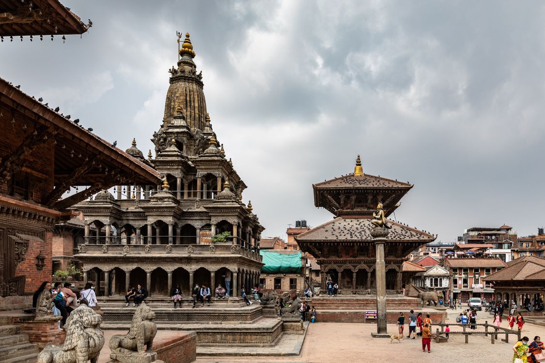 Historic Patan Durbar Square with traditional Newari pagoda temples in Kathmandu Valley