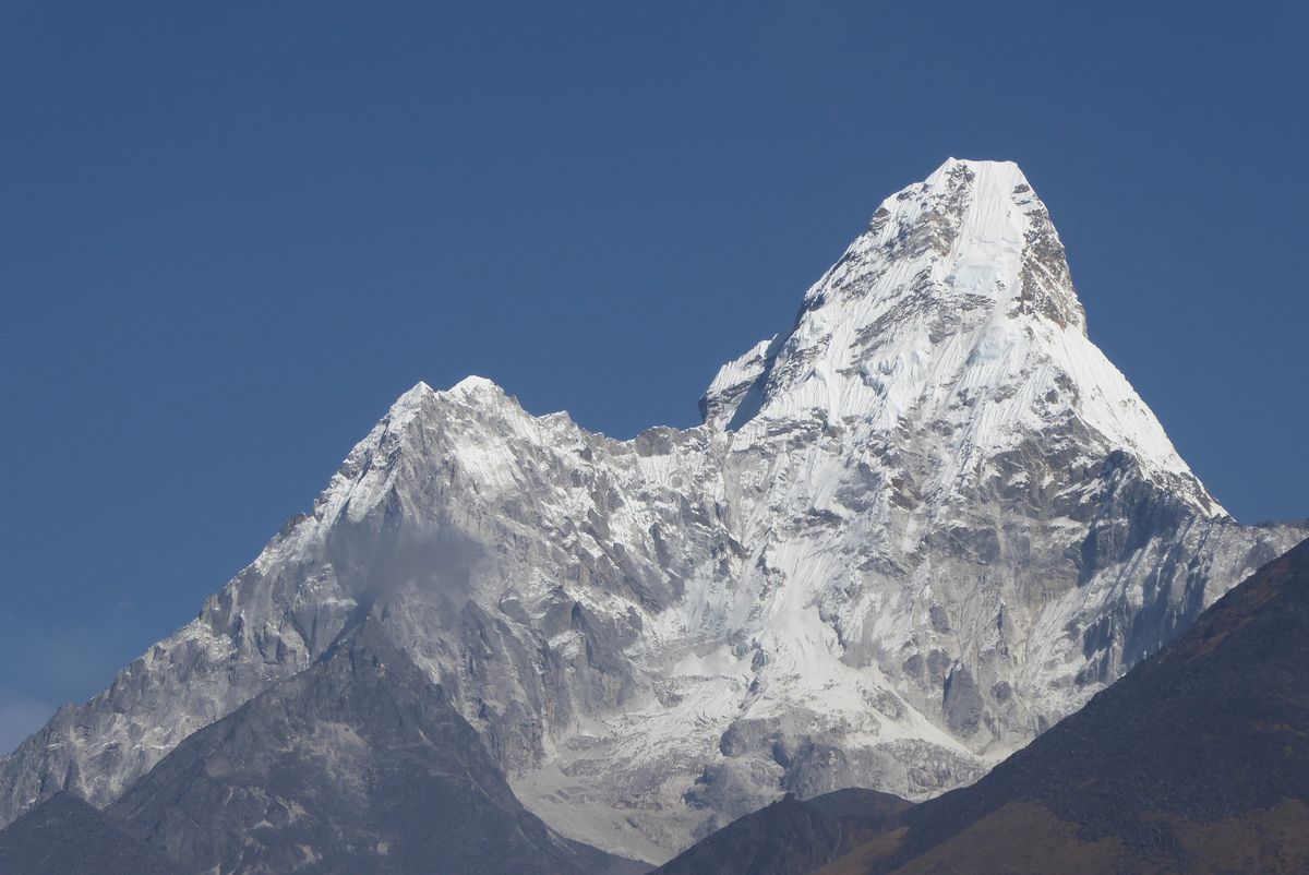 Mount Ama Dablam rising above the Khumbu Valley in Nepal, a dramatic Himalayan peak seen on the Everest Base Camp trek.